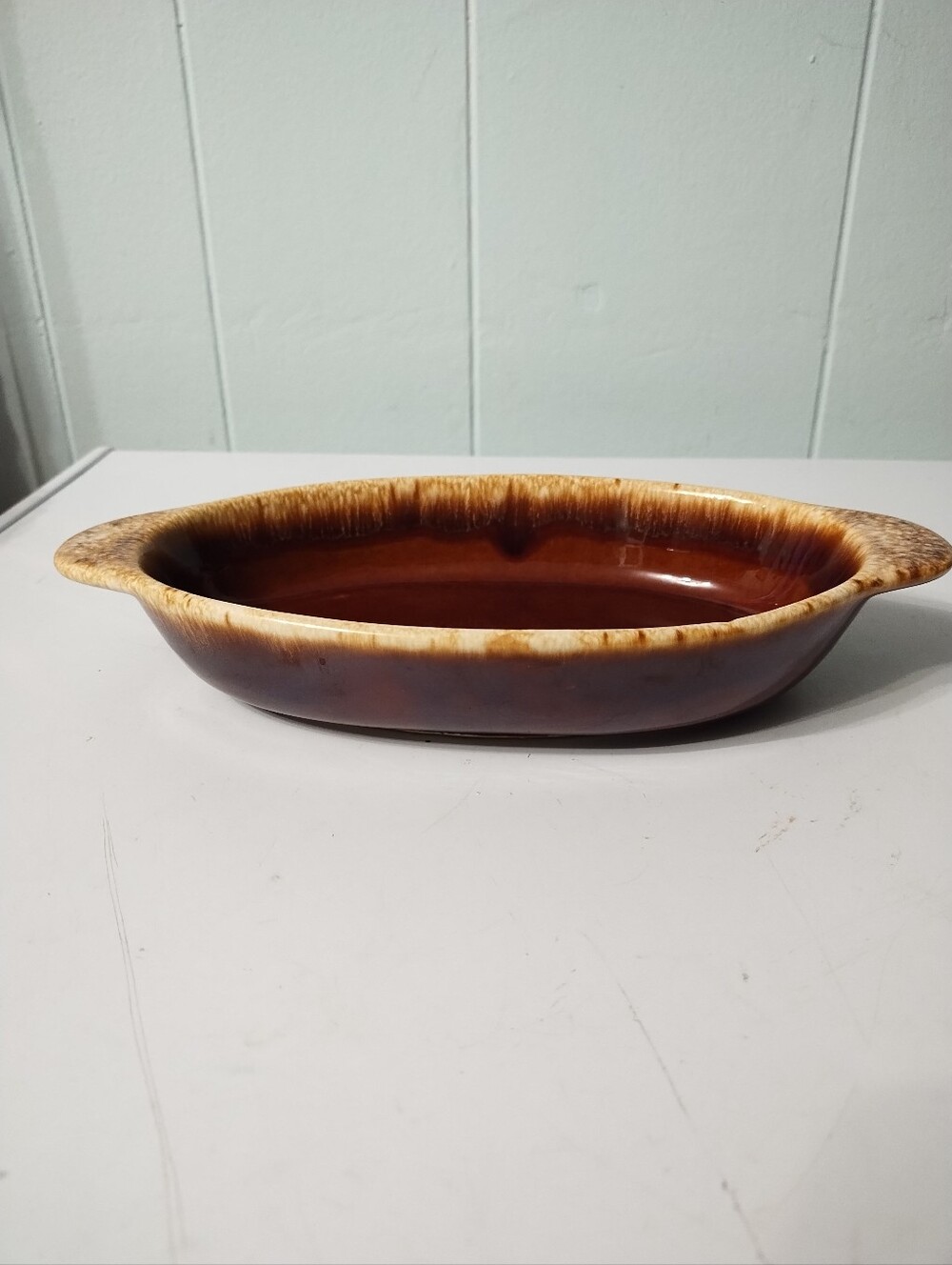 Vintage Hull Ceramic Brown Drip Glaze Baking/Au Gratin Dish with Cream Rim